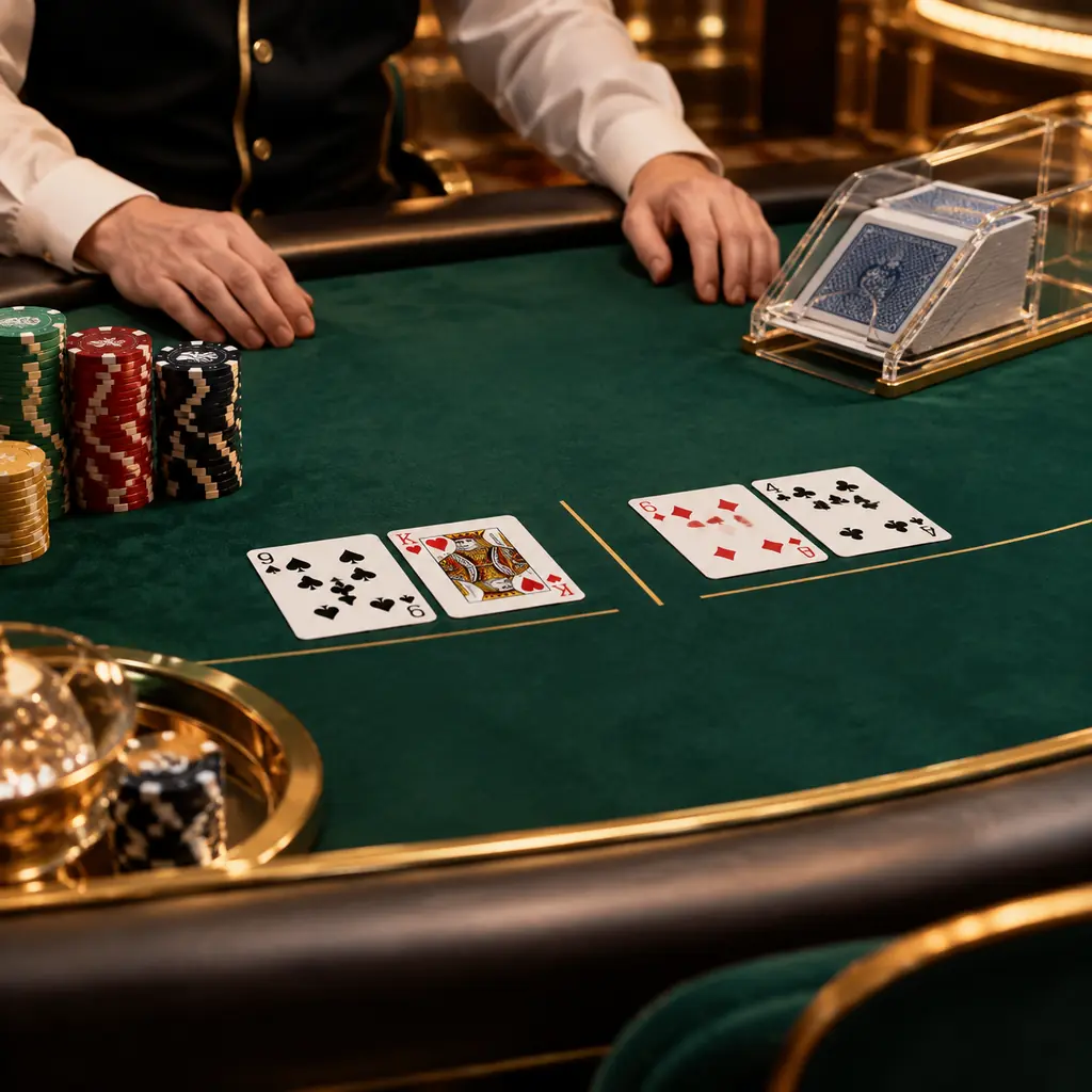 Meja baccarat dengan dua kelompok kartu dan kotak pembagi kartu