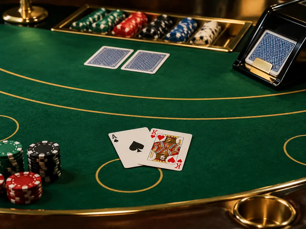 Meja blackjack dengan kartu dan rak keping