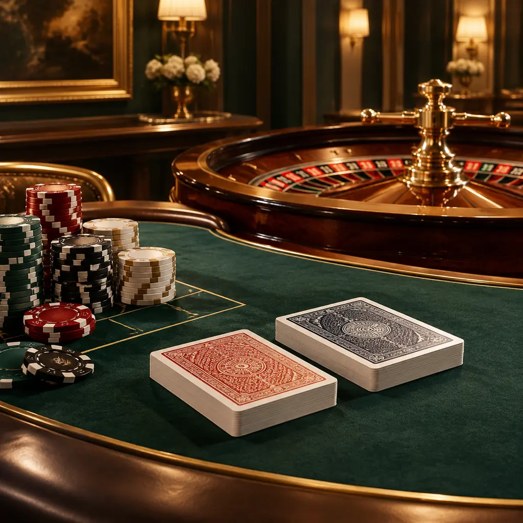 Susunan meja kasino dengan kartu, keping, dan roda roulette dalam cahaya hangat