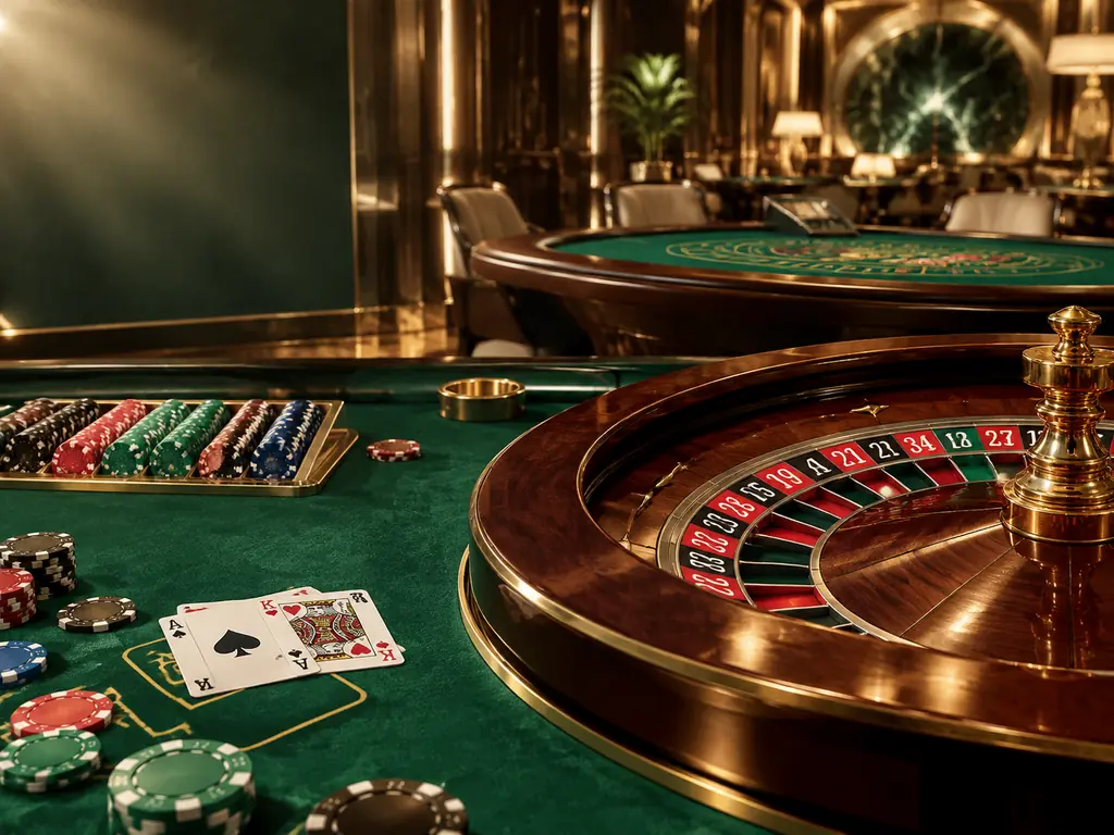 Ruang kasino dengan meja roulette, kartu blackjack, dan keping berwarna hijau giok