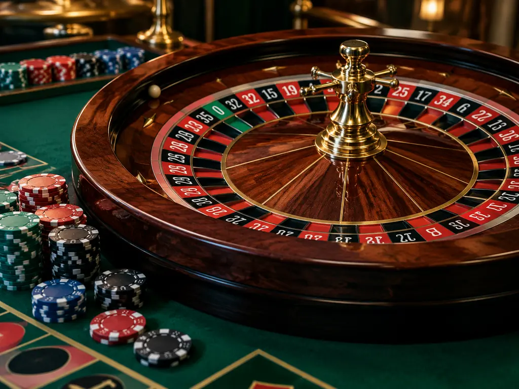 Roda roulette dengan bola putih dan keping di meja hijau