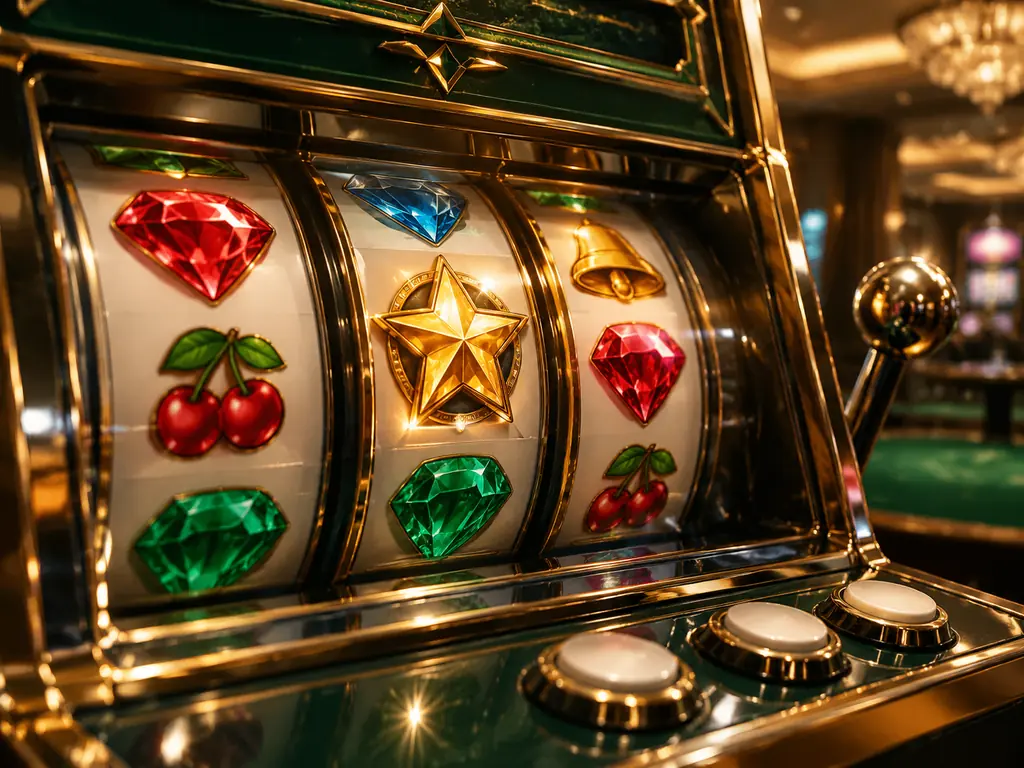 Detail kabinet slot dan permata berwarna dengan latar kasino