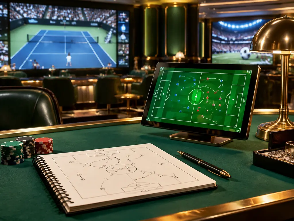 Layar lapangan olahraga dan catatan pertandingan di meja kasino